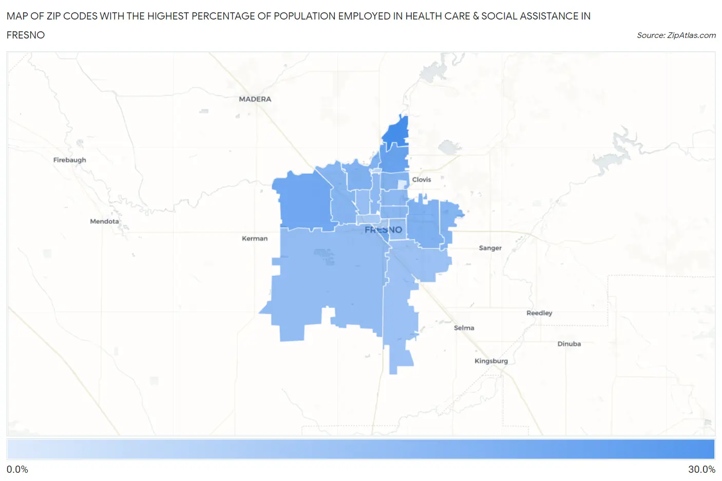 Zip Codes with the Highest Percentage of Population Employed in Health Care & Social Assistance in Fresno Map