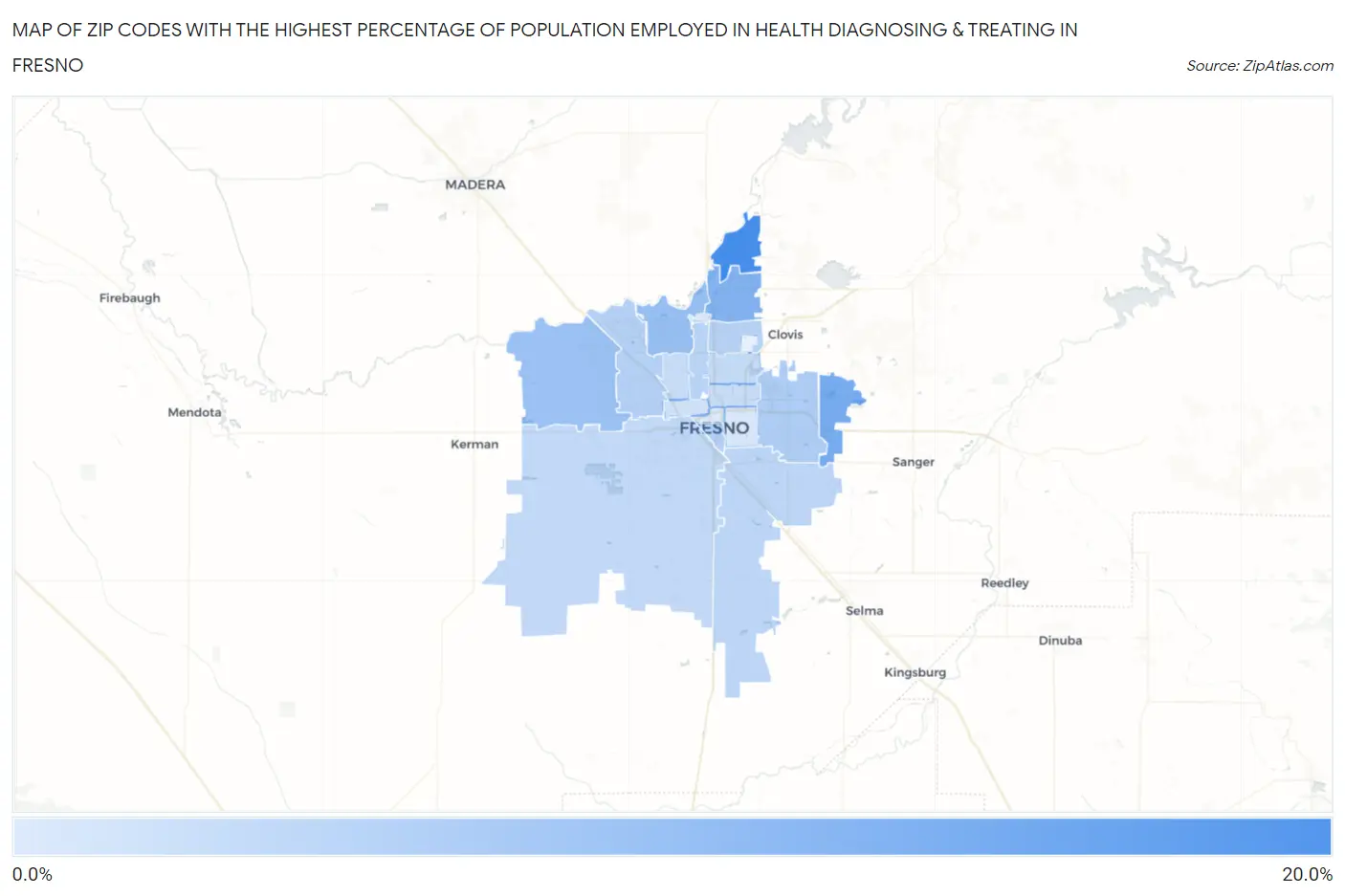 Zip Codes with the Highest Percentage of Population Employed in Health Diagnosing & Treating in Fresno Map