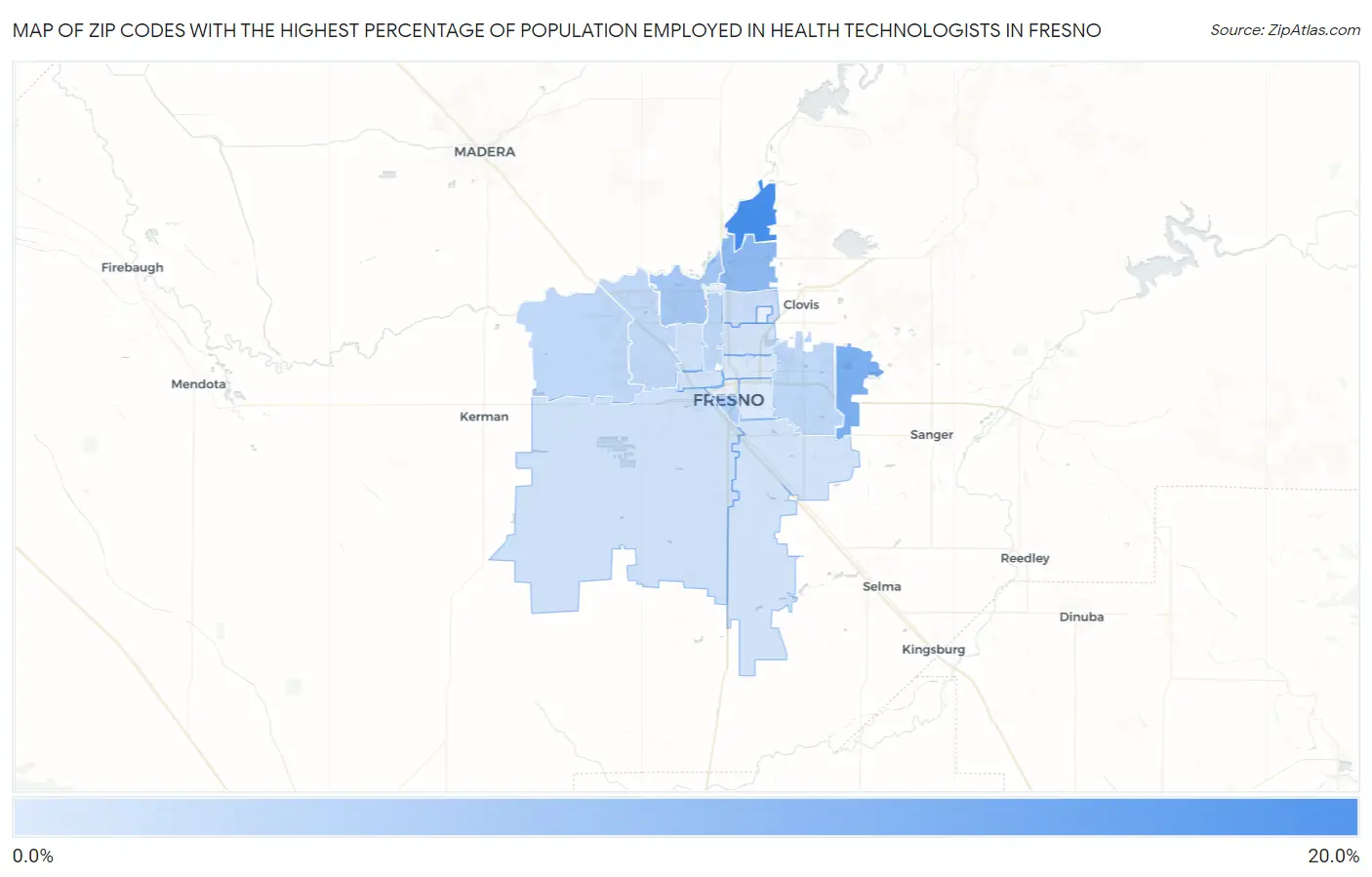 Zip Codes with the Highest Percentage of Population Employed in Health Technologists in Fresno Map