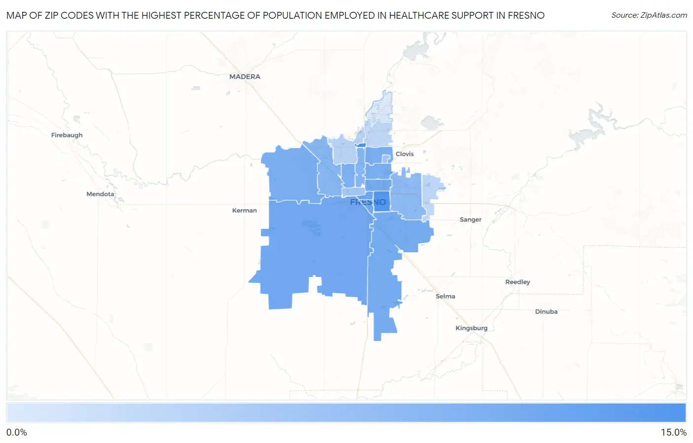 Zip Codes with the Highest Percentage of Population Employed in Healthcare Support in Fresno Map