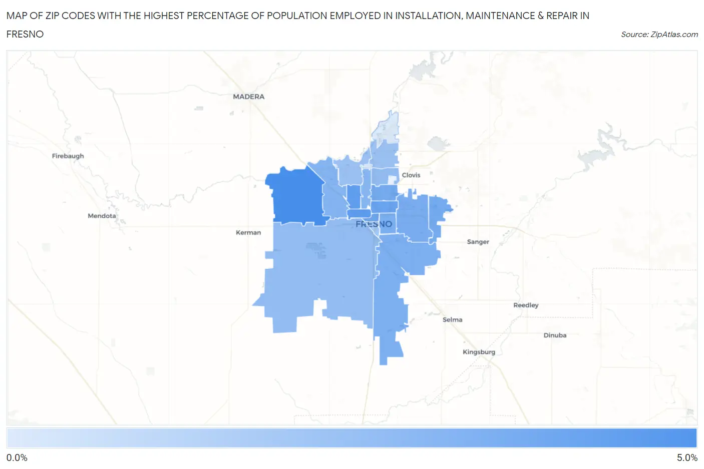 Zip Codes with the Highest Percentage of Population Employed in Installation, Maintenance & Repair in Fresno Map