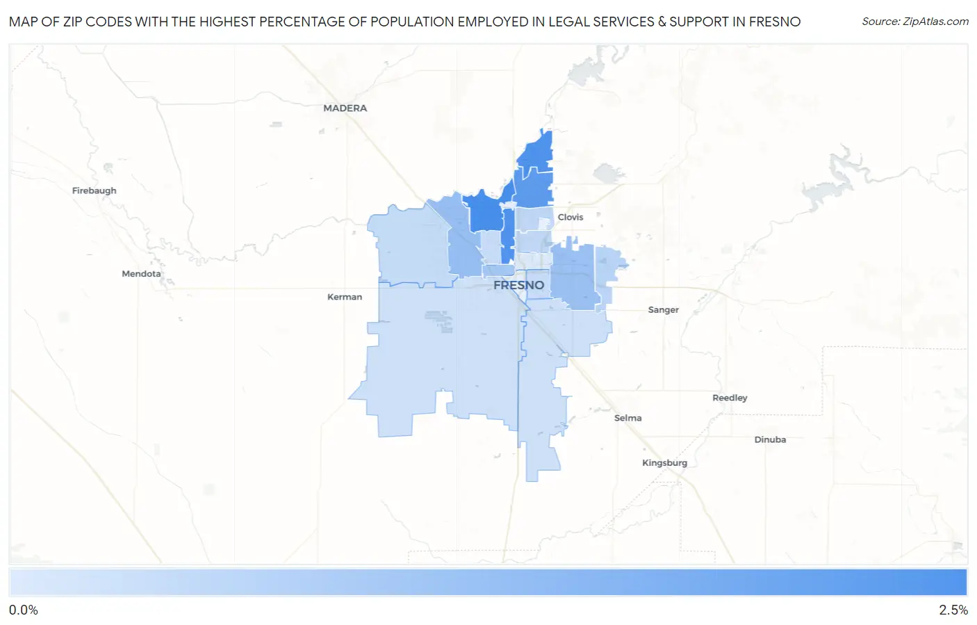 Zip Codes with the Highest Percentage of Population Employed in Legal Services & Support in Fresno Map