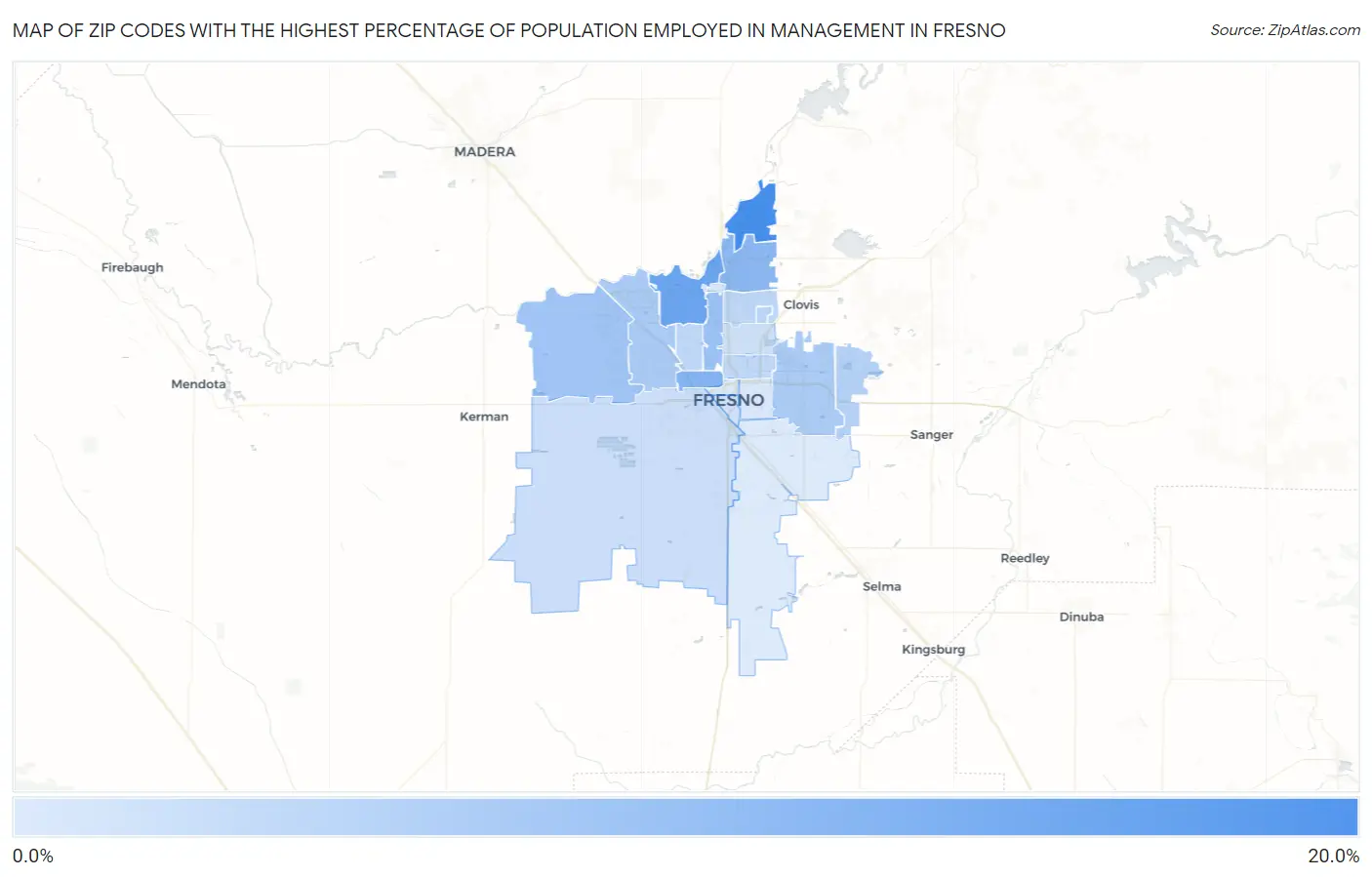 Zip Codes with the Highest Percentage of Population Employed in Management in Fresno Map