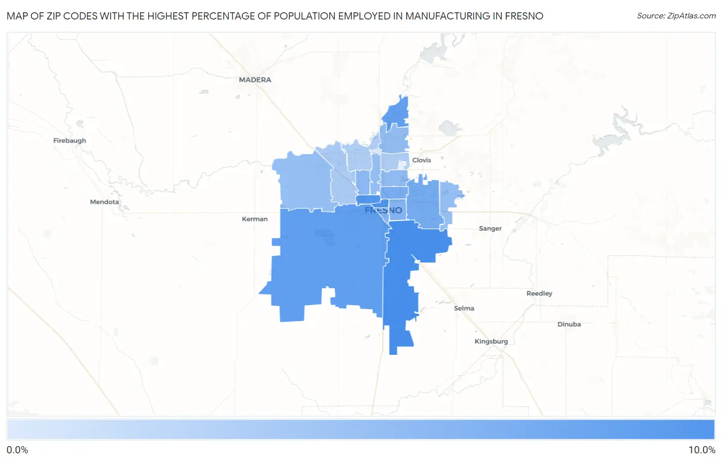 Zip Codes with the Highest Percentage of Population Employed in Manufacturing in Fresno Map