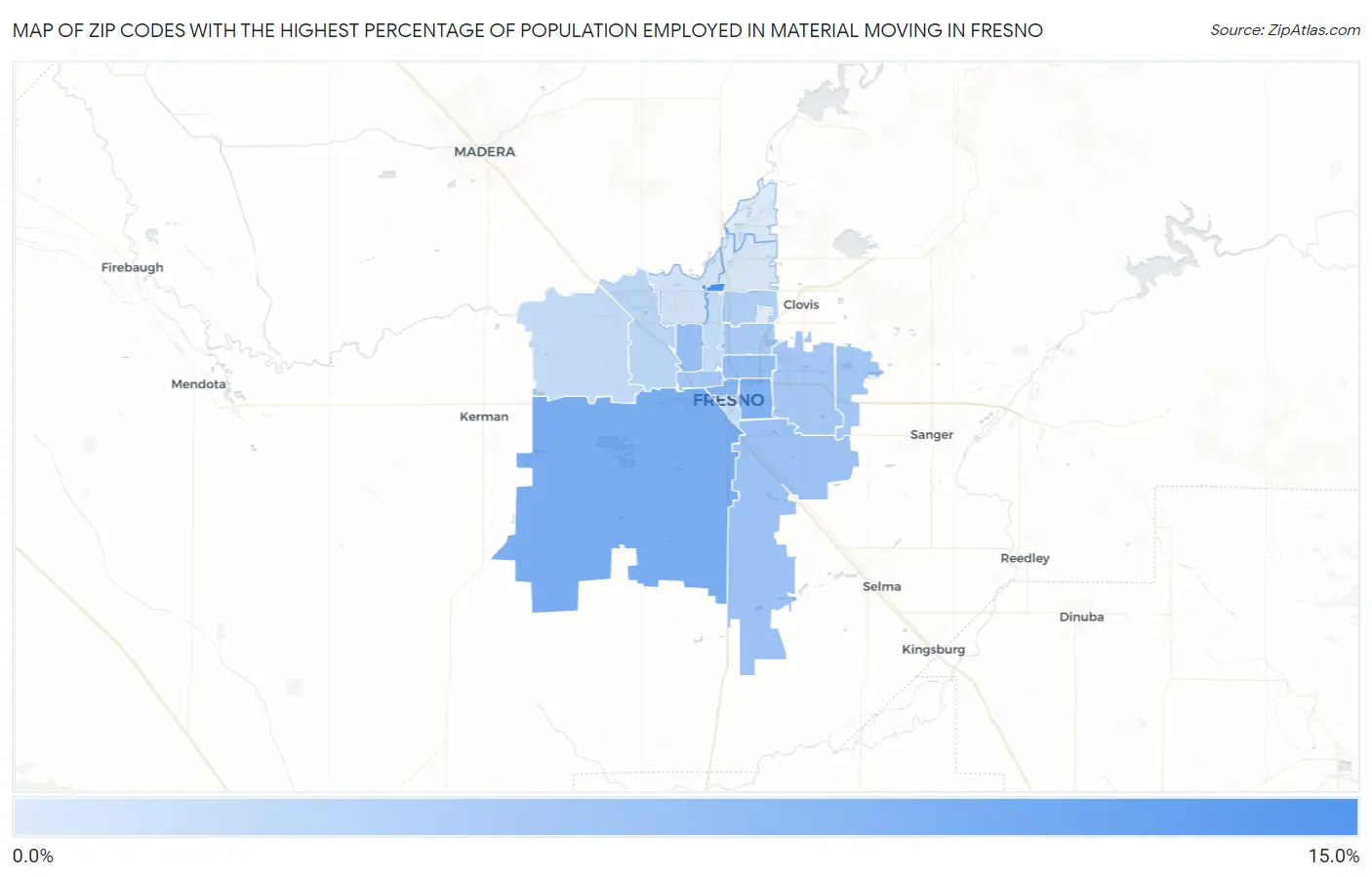 Zip Codes with the Highest Percentage of Population Employed in Material Moving in Fresno Map