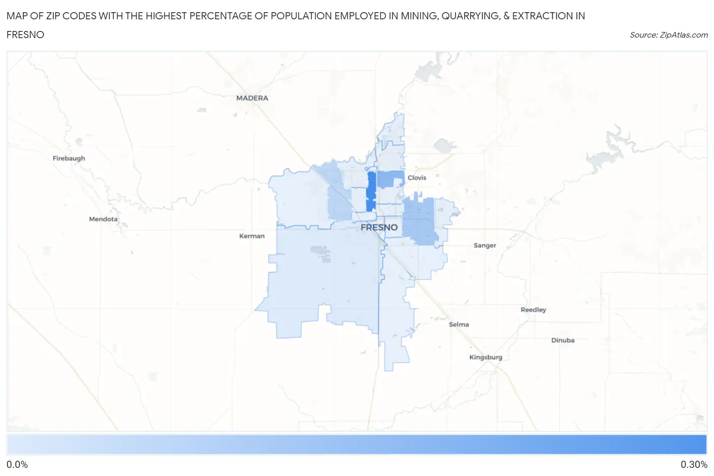 Zip Codes with the Highest Percentage of Population Employed in Mining, Quarrying, & Extraction in Fresno Map
