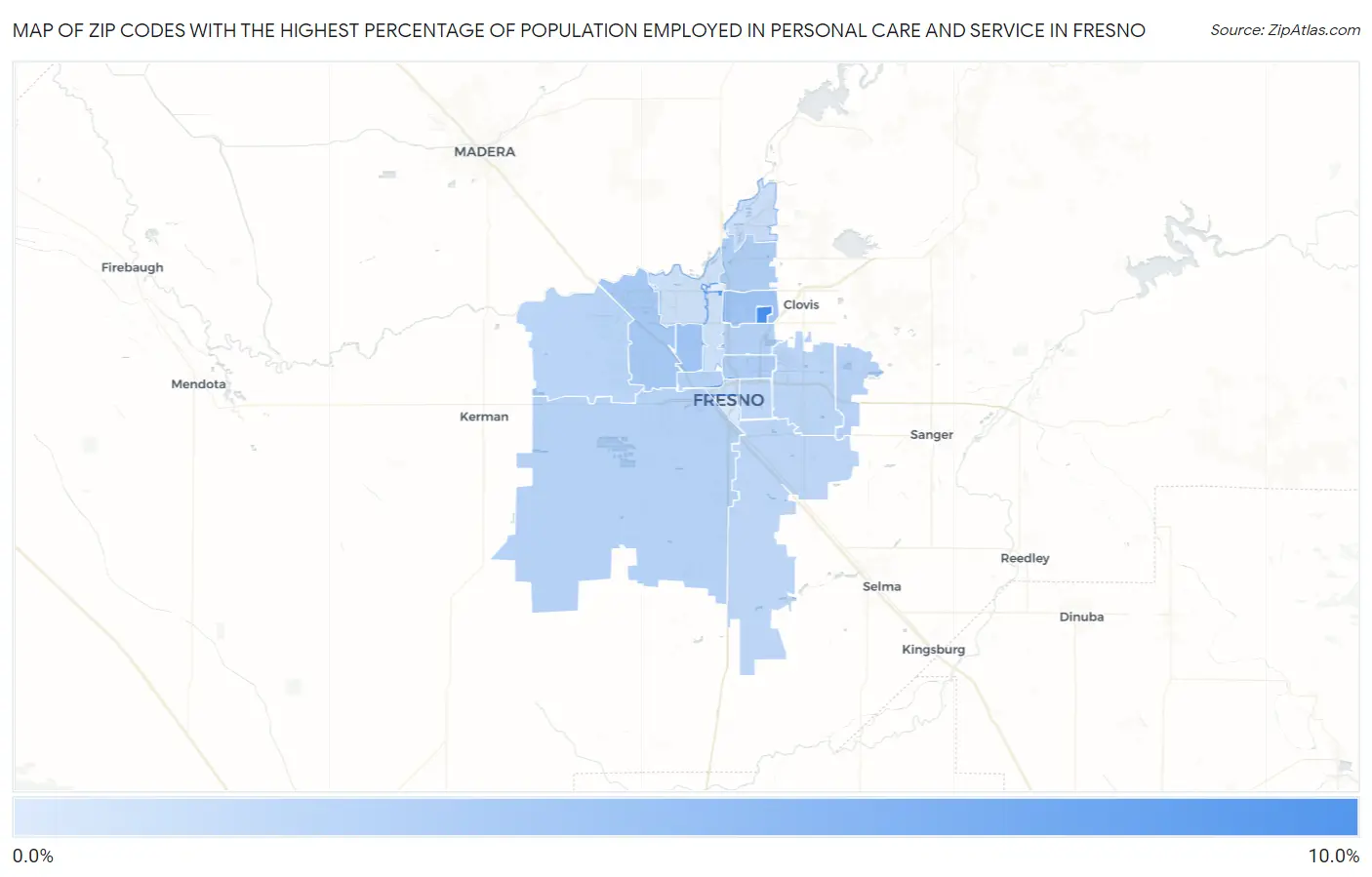 Zip Codes with the Highest Percentage of Population Employed in Personal Care and Service in Fresno Map