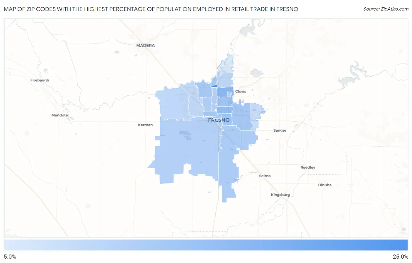 Zip Codes with the Highest Percentage of Population Employed in Retail Trade in Fresno Map