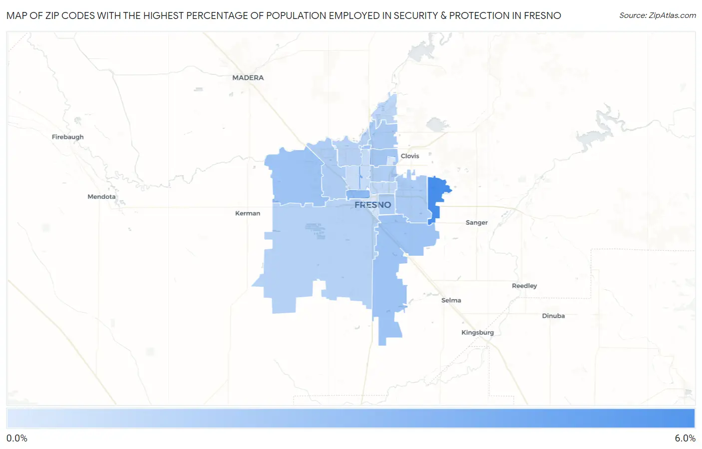 Zip Codes with the Highest Percentage of Population Employed in Security & Protection in Fresno Map