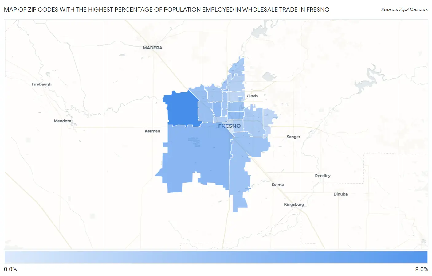 Zip Codes with the Highest Percentage of Population Employed in Wholesale Trade in Fresno Map
