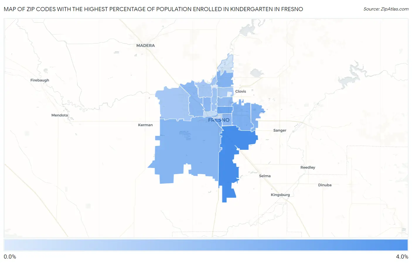 Zip Codes with the Highest Percentage of Population Enrolled in Kindergarten in Fresno Map