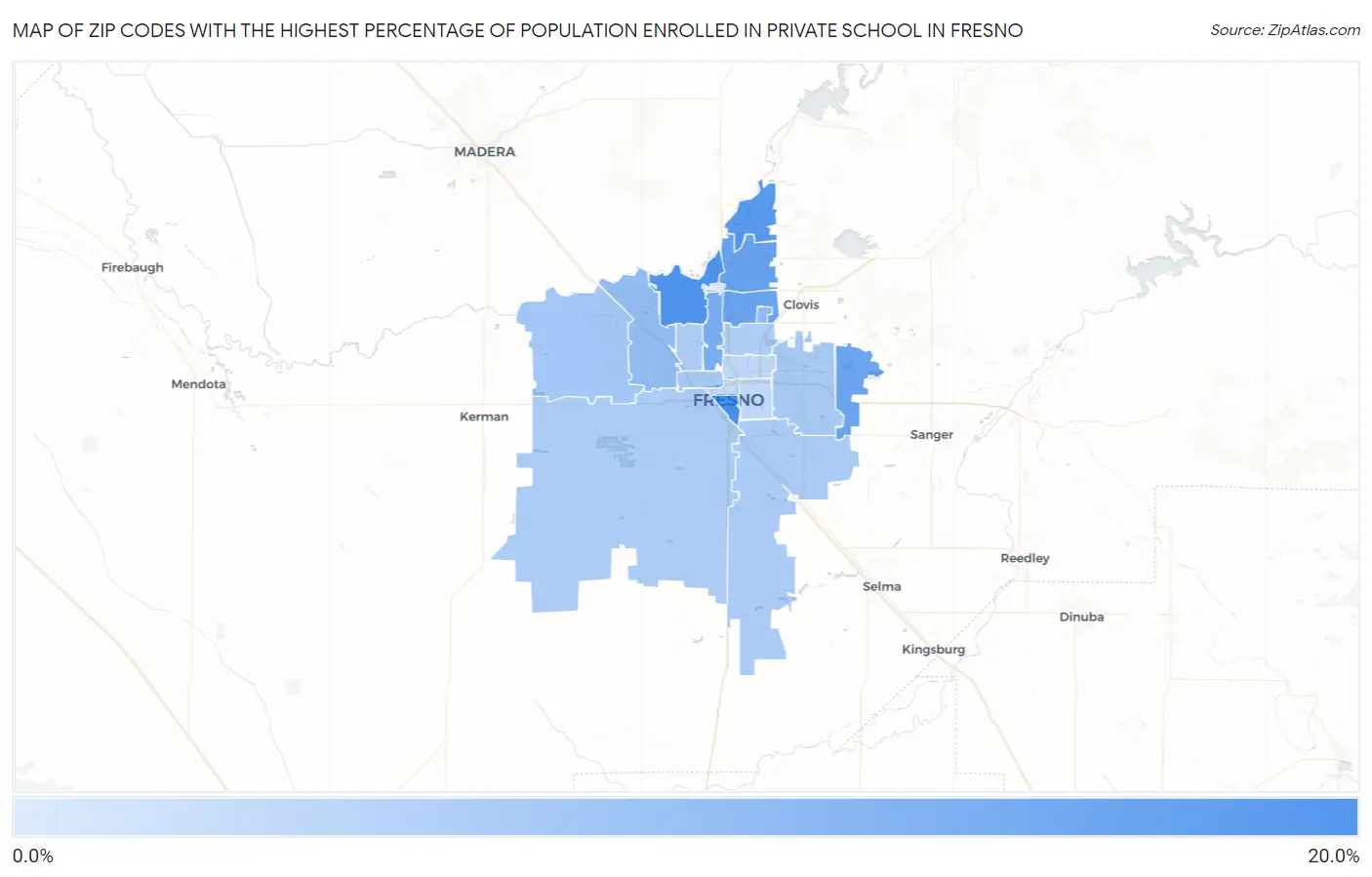 Zip Codes with the Highest Percentage of Population Enrolled in Private School in Fresno Map