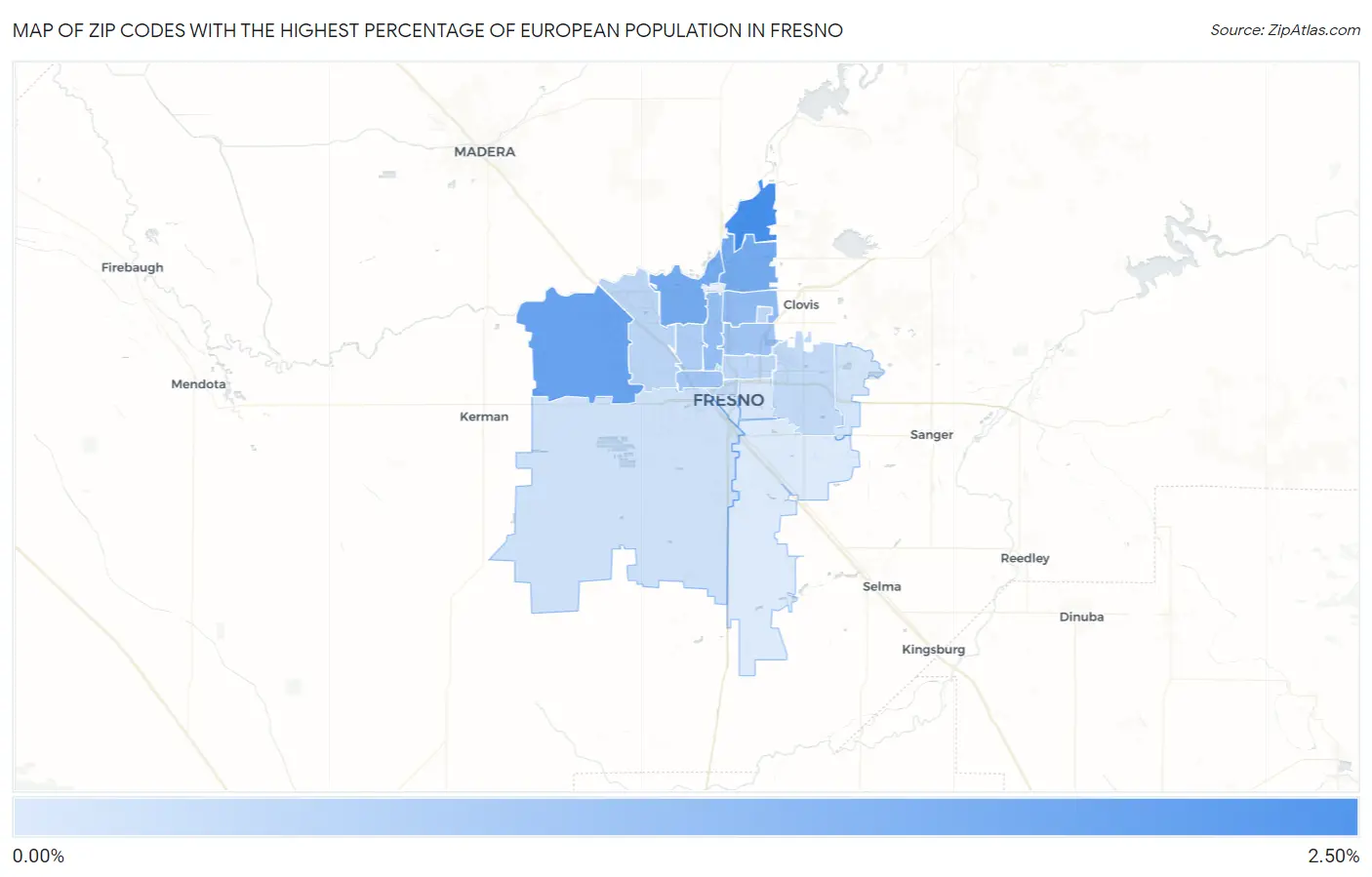 Zip Codes with the Highest Percentage of European Population in Fresno Map
