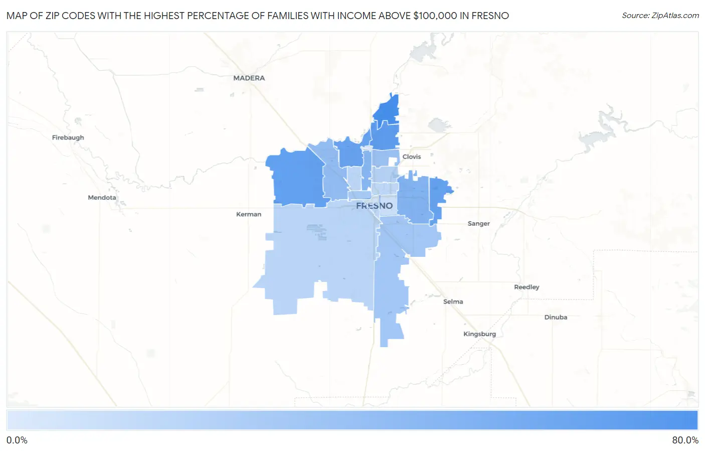 Zip Codes with the Highest Percentage of Families with Income Above $100,000 in Fresno Map