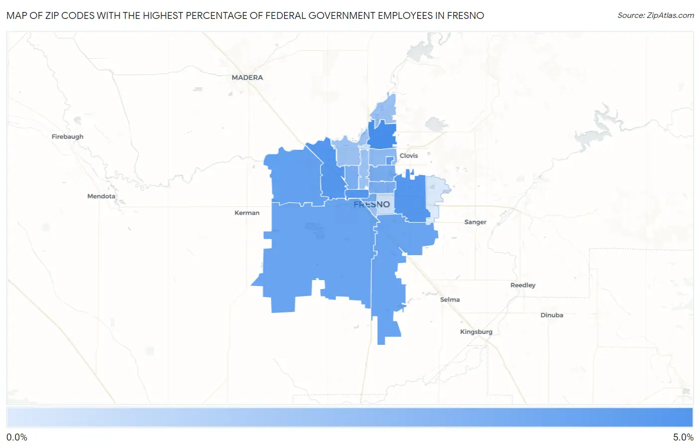 Zip Codes with the Highest Percentage of Federal Government Employees in Fresno Map