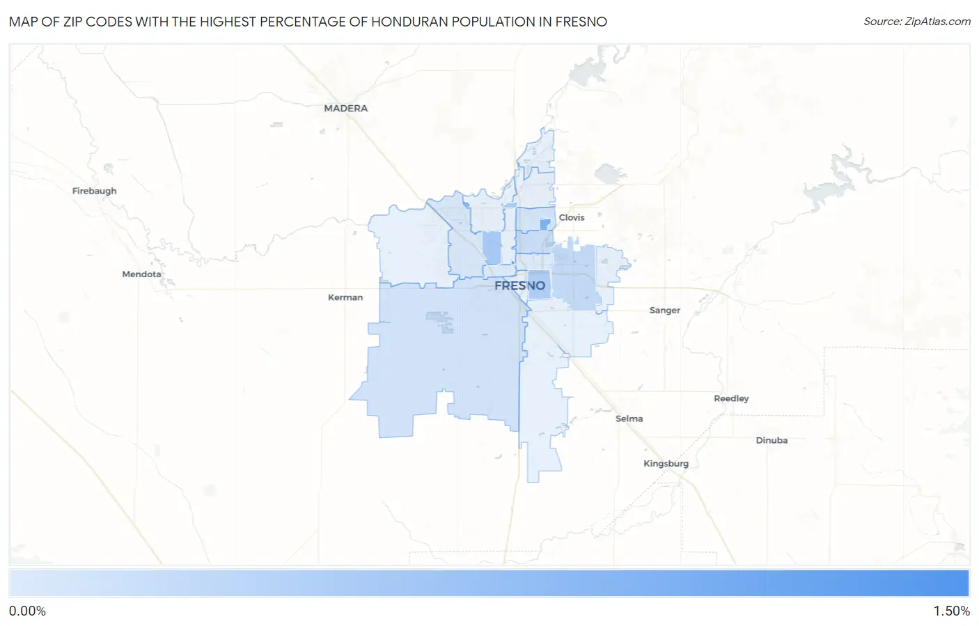 Zip Codes with the Highest Percentage of Honduran Population in Fresno Map