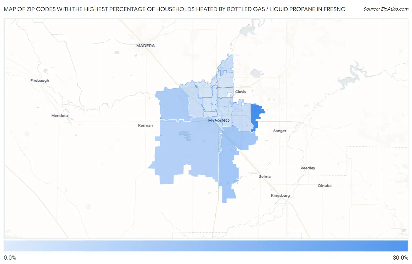 Zip Codes with the Highest Percentage of Households Heated by Bottled Gas / Liquid Propane in Fresno Map