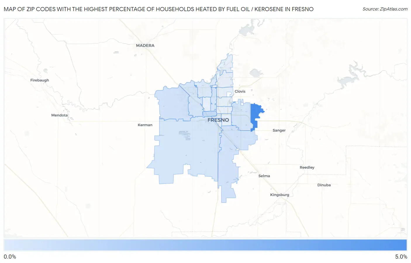 Zip Codes with the Highest Percentage of Households Heated by Fuel Oil / Kerosene in Fresno Map