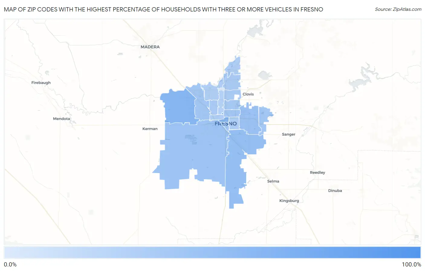 Zip Codes with the Highest Percentage of Households With Three or more Vehicles in Fresno Map