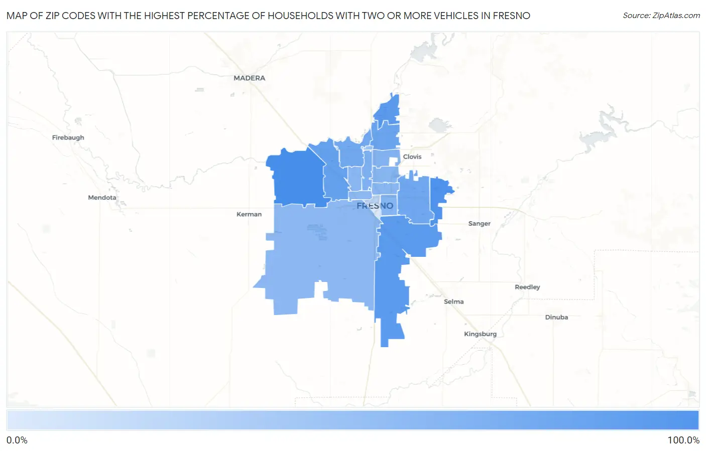 Zip Codes with the Highest Percentage of Households With Two or more Vehicles in Fresno Map