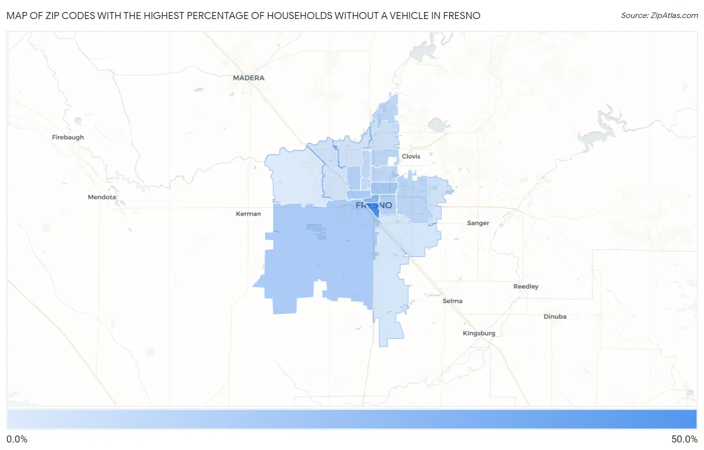 Zip Codes with the Highest Percentage of Households Without a Vehicle in Fresno Map