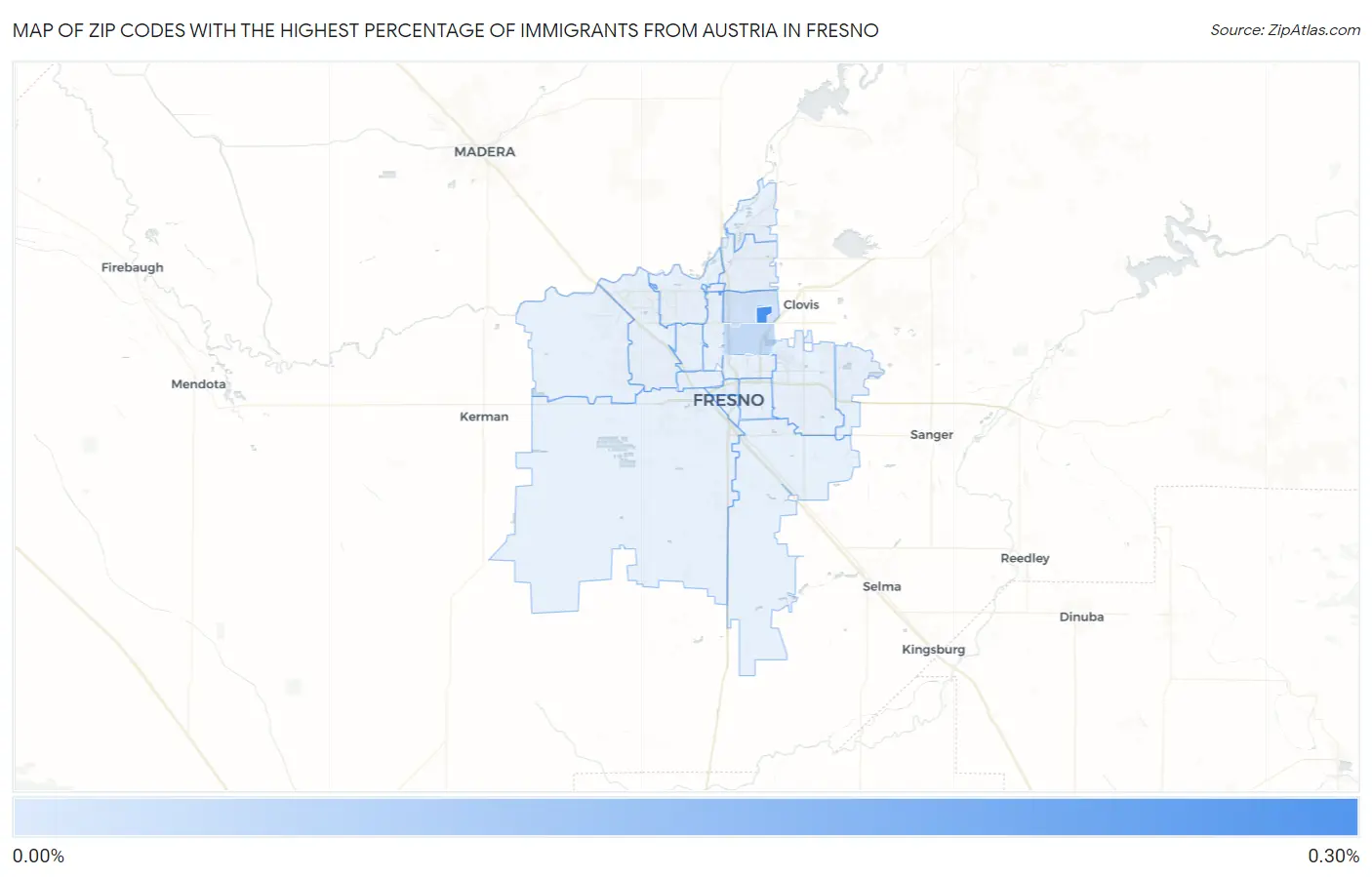 Zip Codes with the Highest Percentage of Immigrants from Austria in Fresno Map