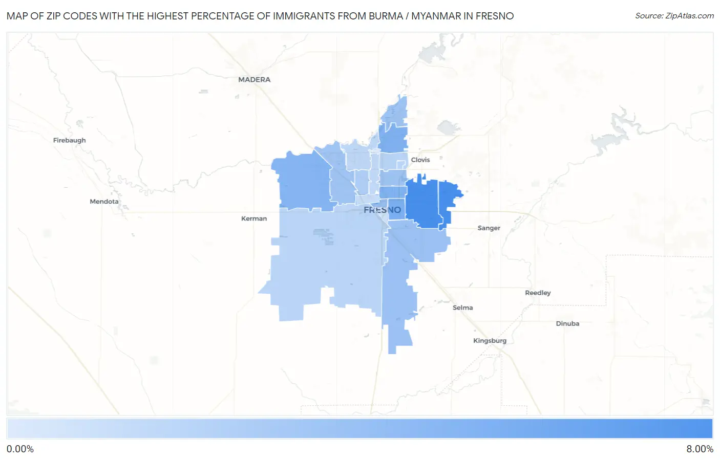 Zip Codes with the Highest Percentage of Immigrants from Burma / Myanmar in Fresno Map