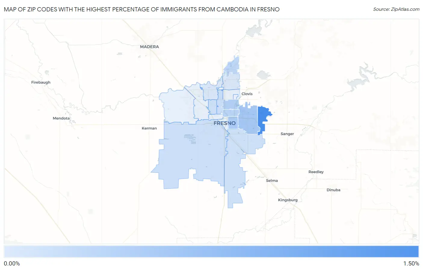 Zip Codes with the Highest Percentage of Immigrants from Cambodia in Fresno Map