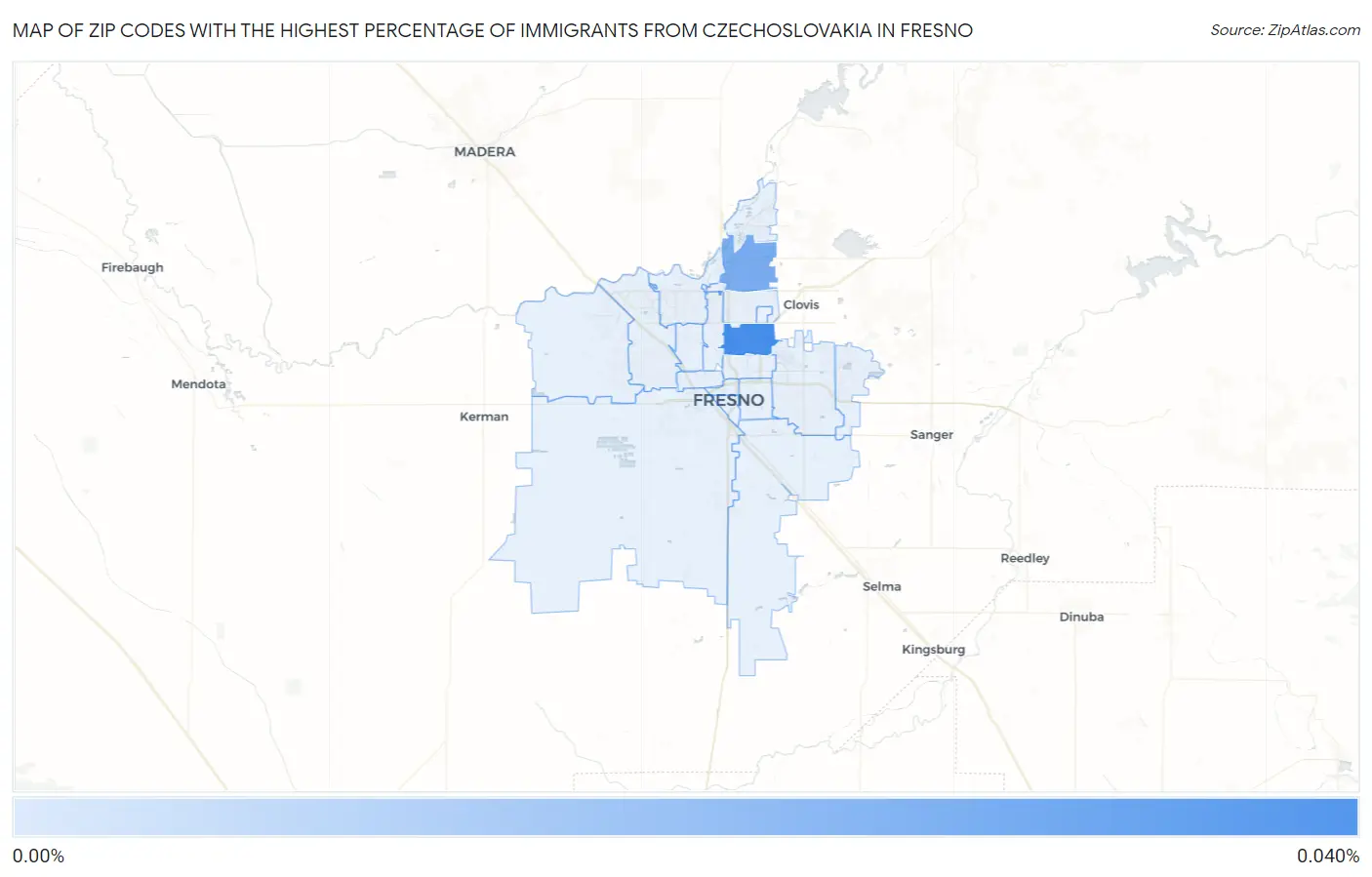 Zip Codes with the Highest Percentage of Immigrants from Czechoslovakia in Fresno Map