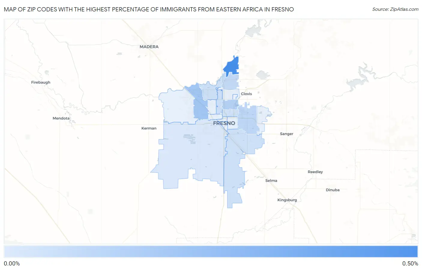 Zip Codes with the Highest Percentage of Immigrants from Eastern Africa in Fresno Map