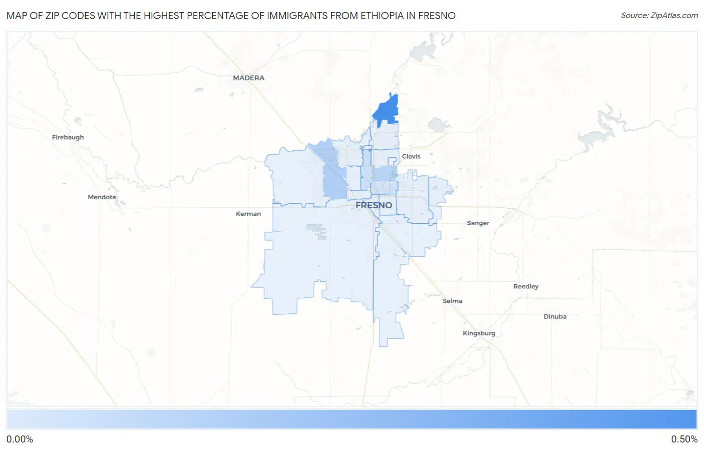 Zip Codes with the Highest Percentage of Immigrants from Ethiopia in Fresno Map