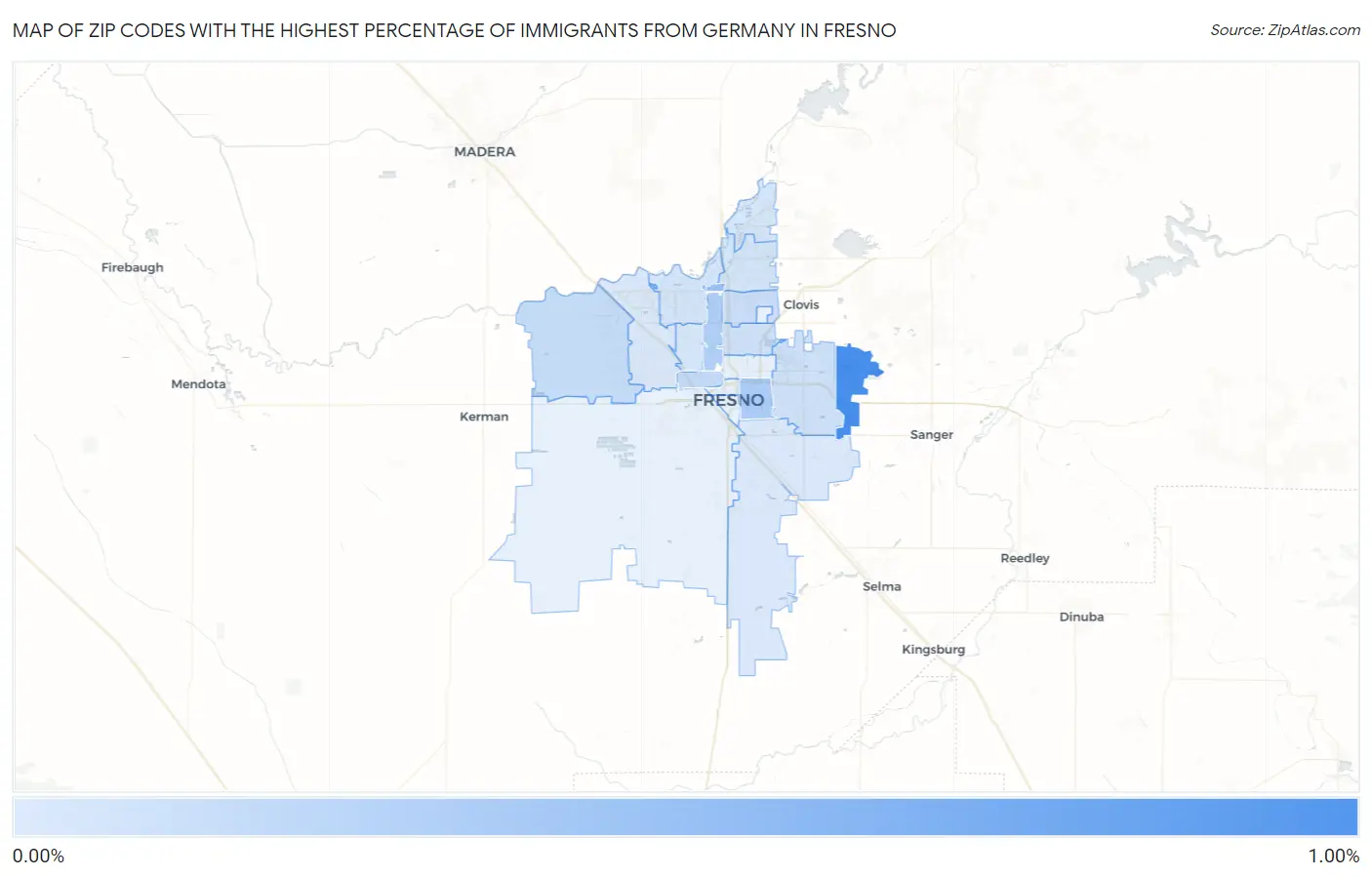 Zip Codes with the Highest Percentage of Immigrants from Germany in Fresno Map