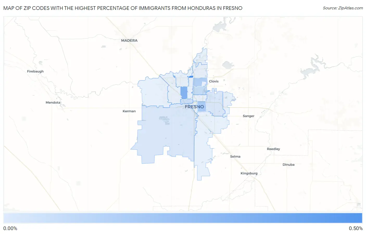 Zip Codes with the Highest Percentage of Immigrants from Honduras in Fresno Map