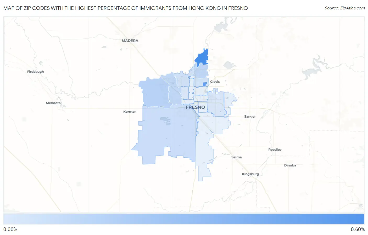 Zip Codes with the Highest Percentage of Immigrants from Hong Kong in Fresno Map