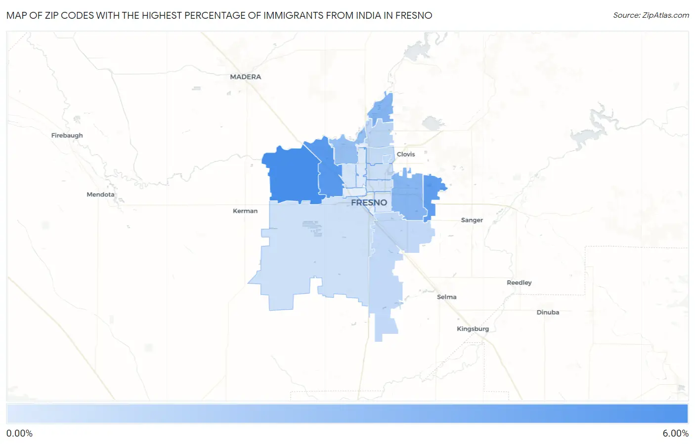 Zip Codes with the Highest Percentage of Immigrants from India in Fresno Map