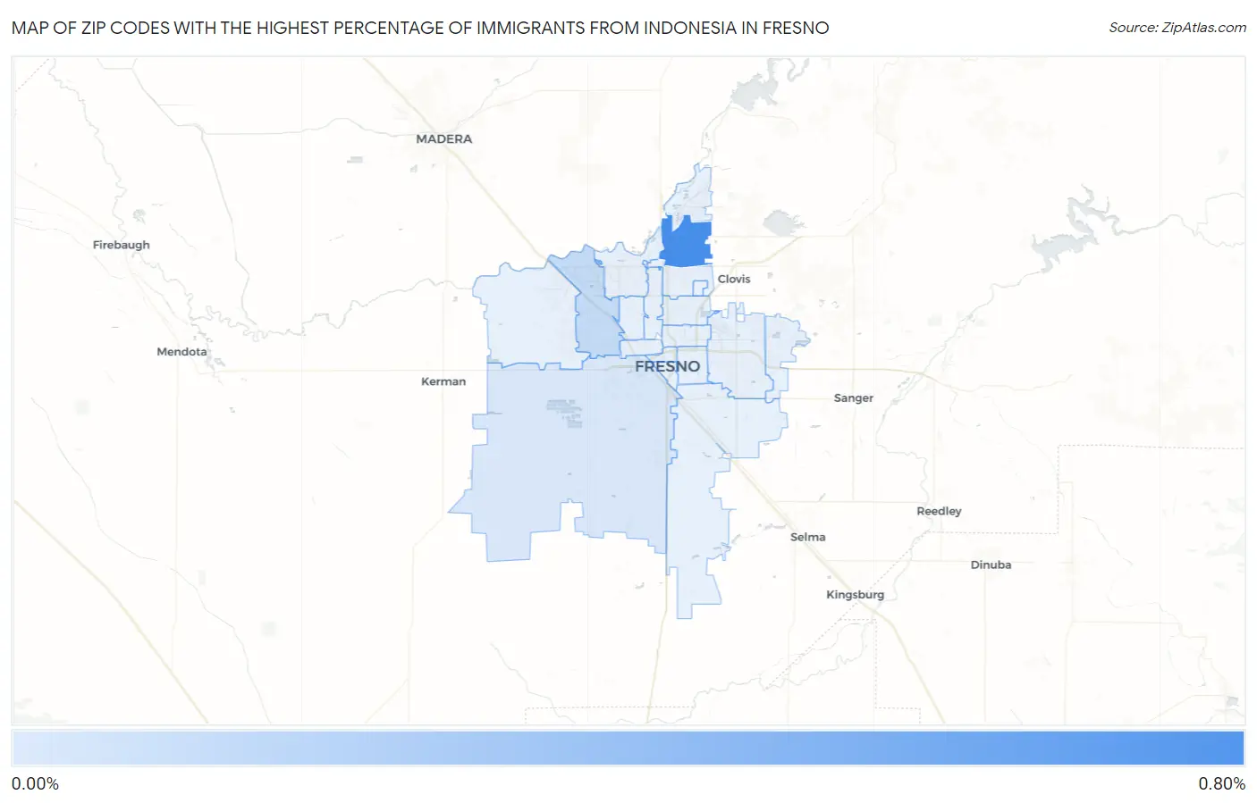 Zip Codes with the Highest Percentage of Immigrants from Indonesia in Fresno Map