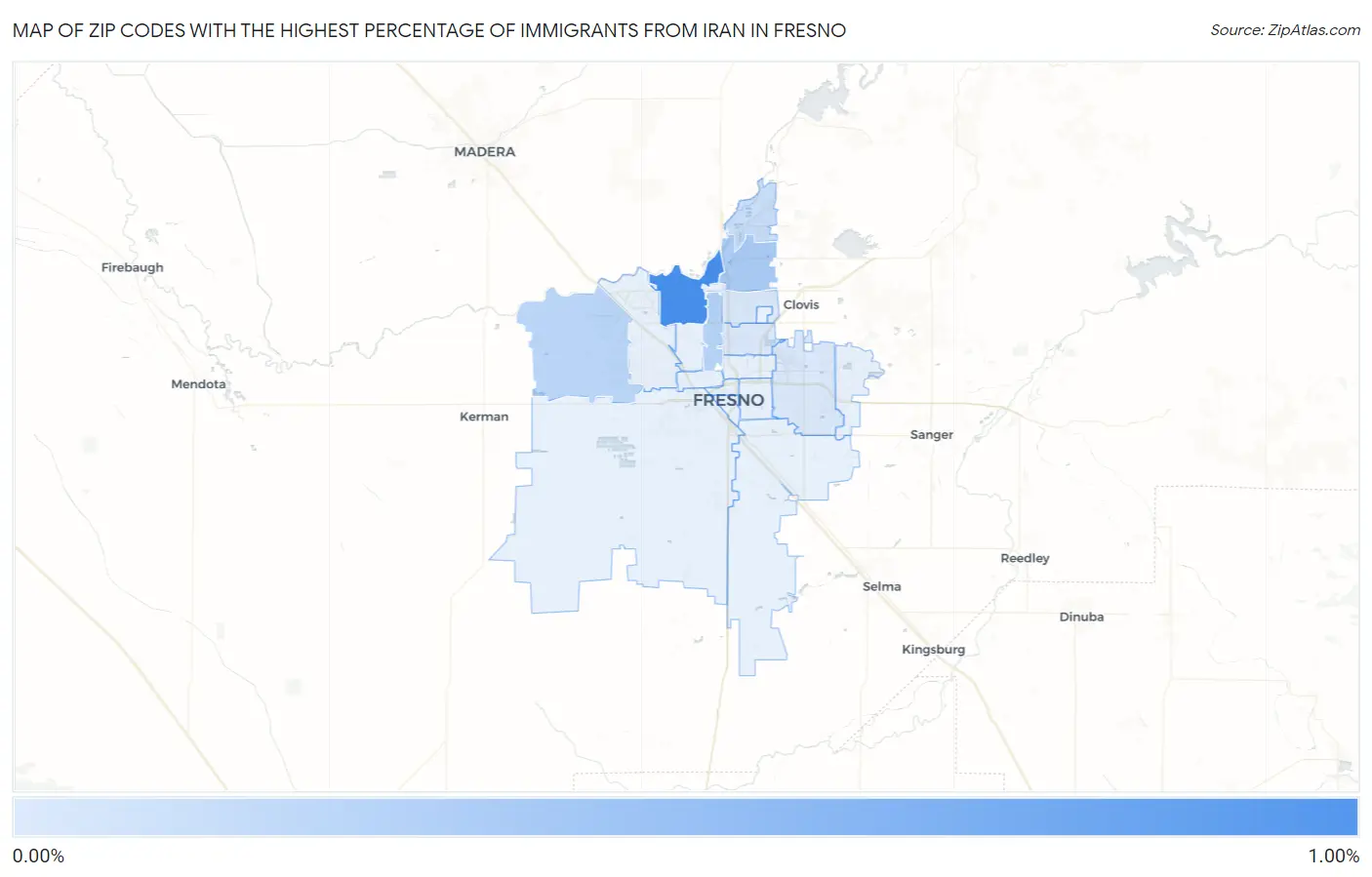 Zip Codes with the Highest Percentage of Immigrants from Iran in Fresno Map