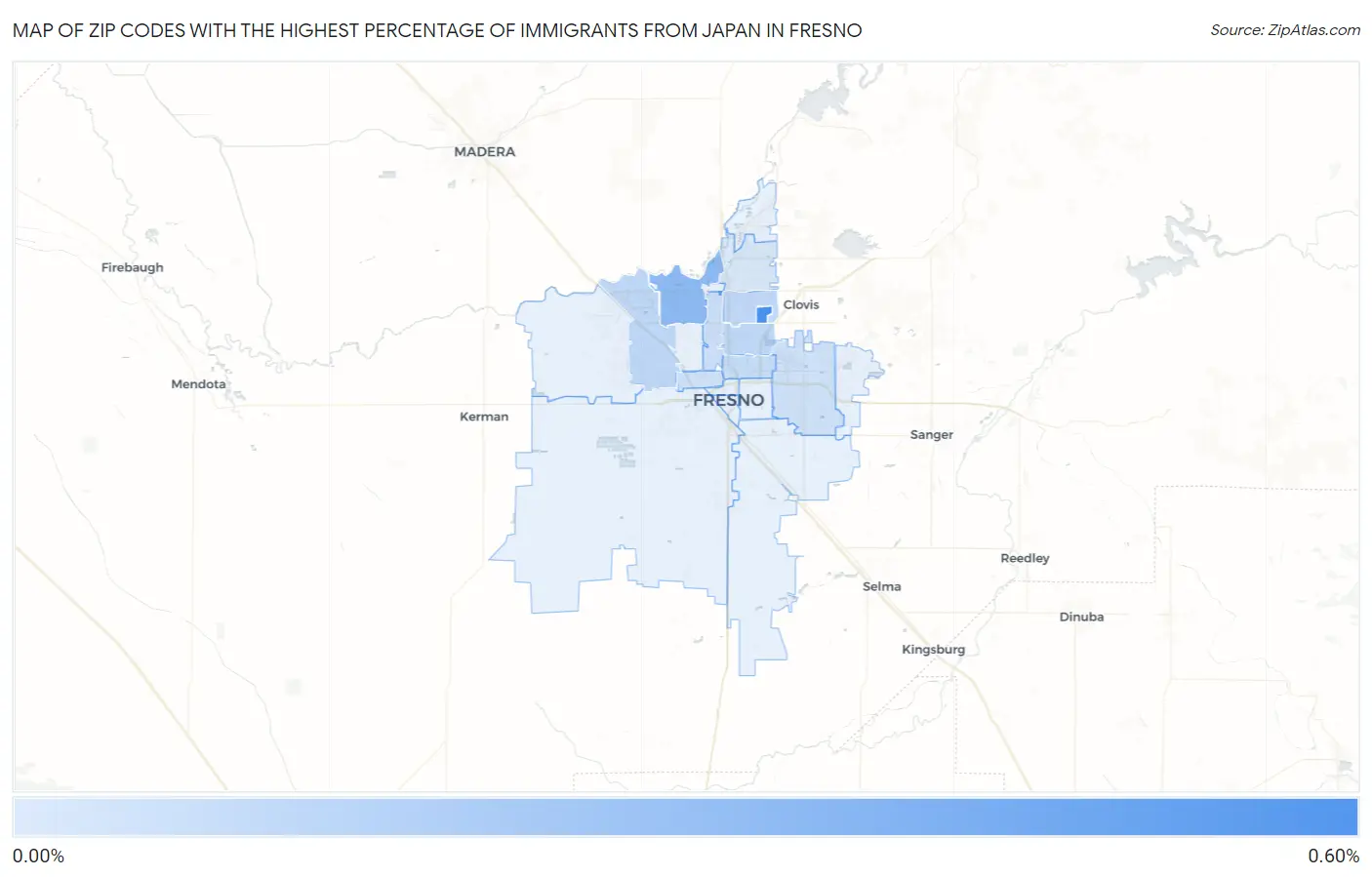 Zip Codes with the Highest Percentage of Immigrants from Japan in Fresno Map