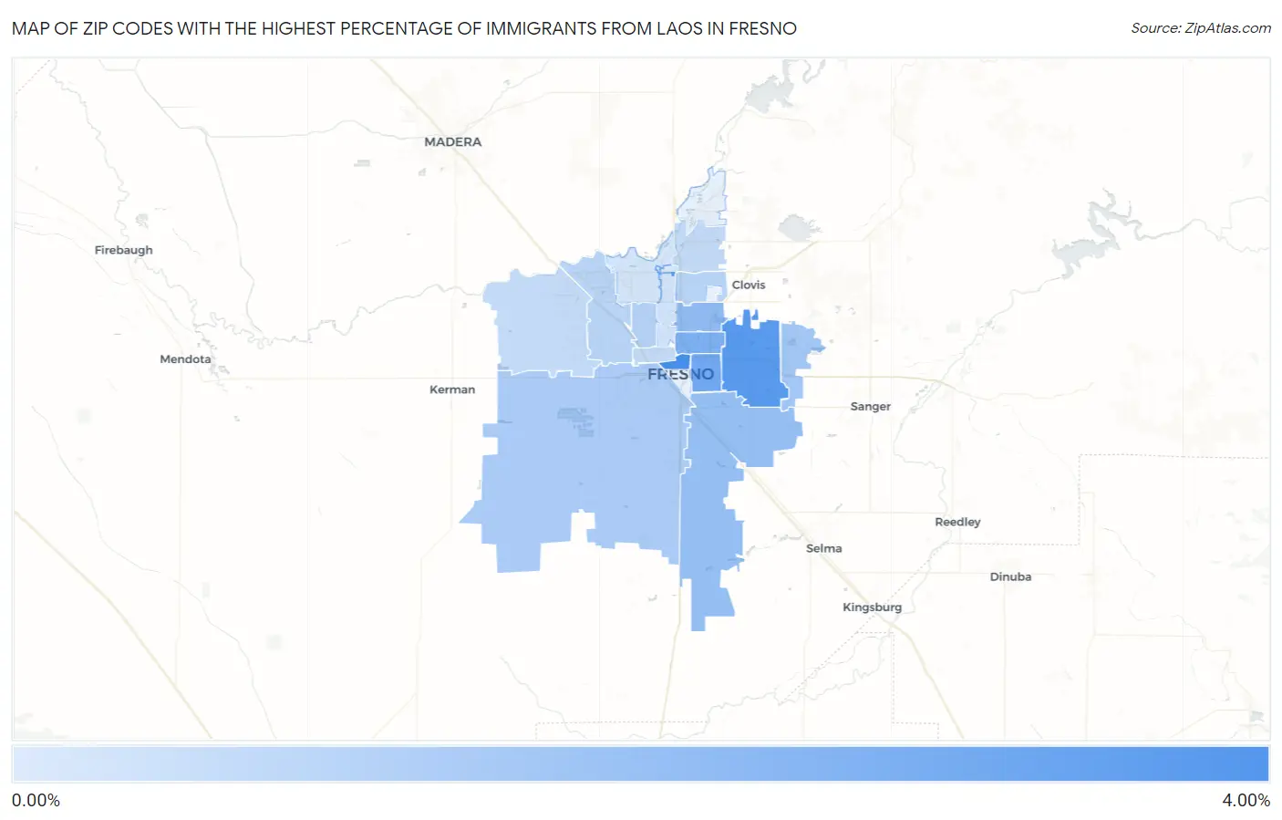 Zip Codes with the Highest Percentage of Immigrants from Laos in Fresno Map
