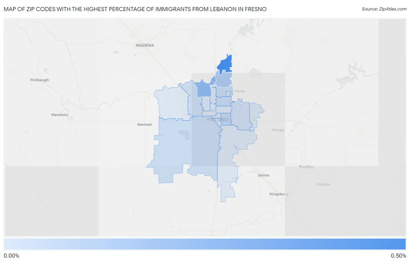 Zip Codes with the Highest Percentage of Immigrants from Lebanon in Fresno Map