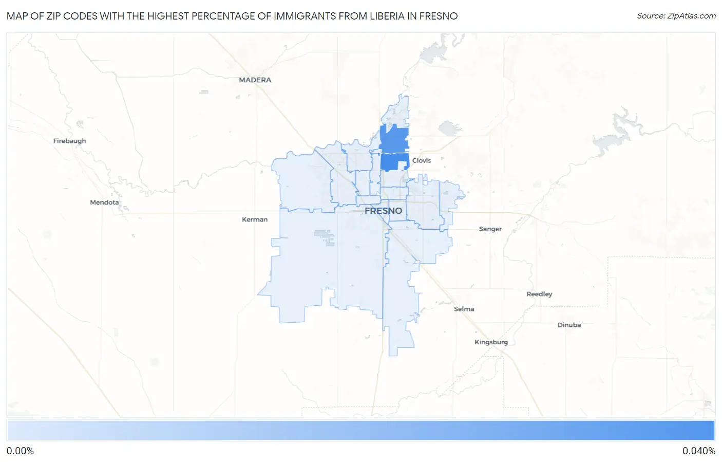 Zip Codes with the Highest Percentage of Immigrants from Liberia in Fresno Map