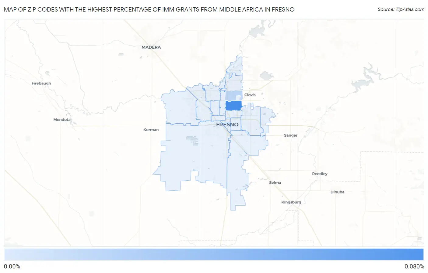 Zip Codes with the Highest Percentage of Immigrants from Middle Africa in Fresno Map