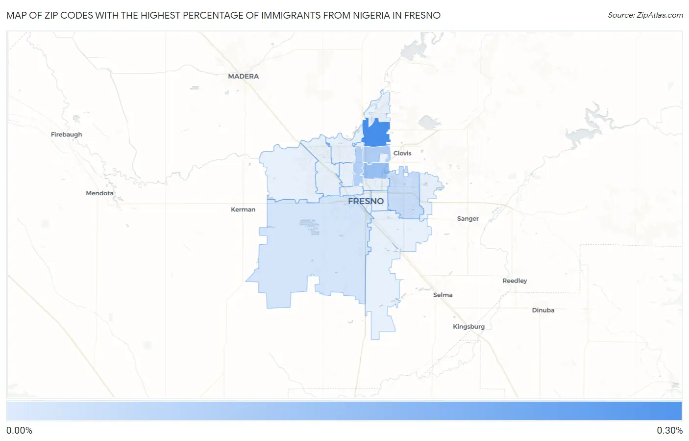 Zip Codes with the Highest Percentage of Immigrants from Nigeria in Fresno Map