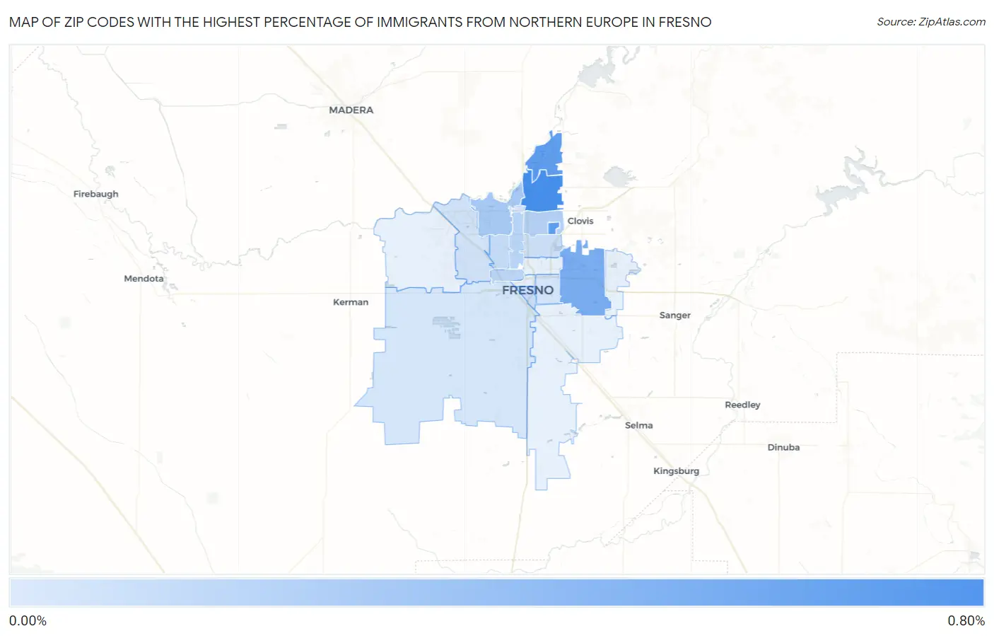 Zip Codes with the Highest Percentage of Immigrants from Northern Europe in Fresno Map