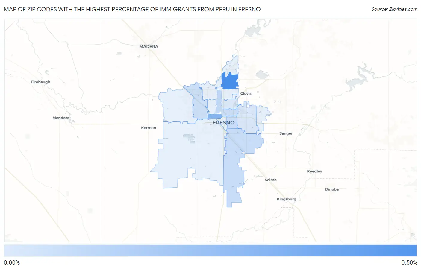 Zip Codes with the Highest Percentage of Immigrants from Peru in Fresno Map