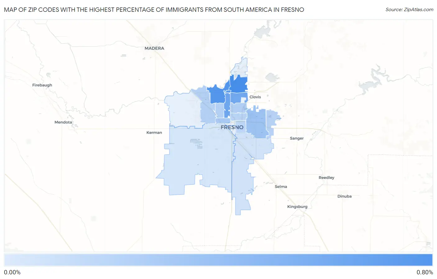Zip Codes with the Highest Percentage of Immigrants from South America in Fresno Map
