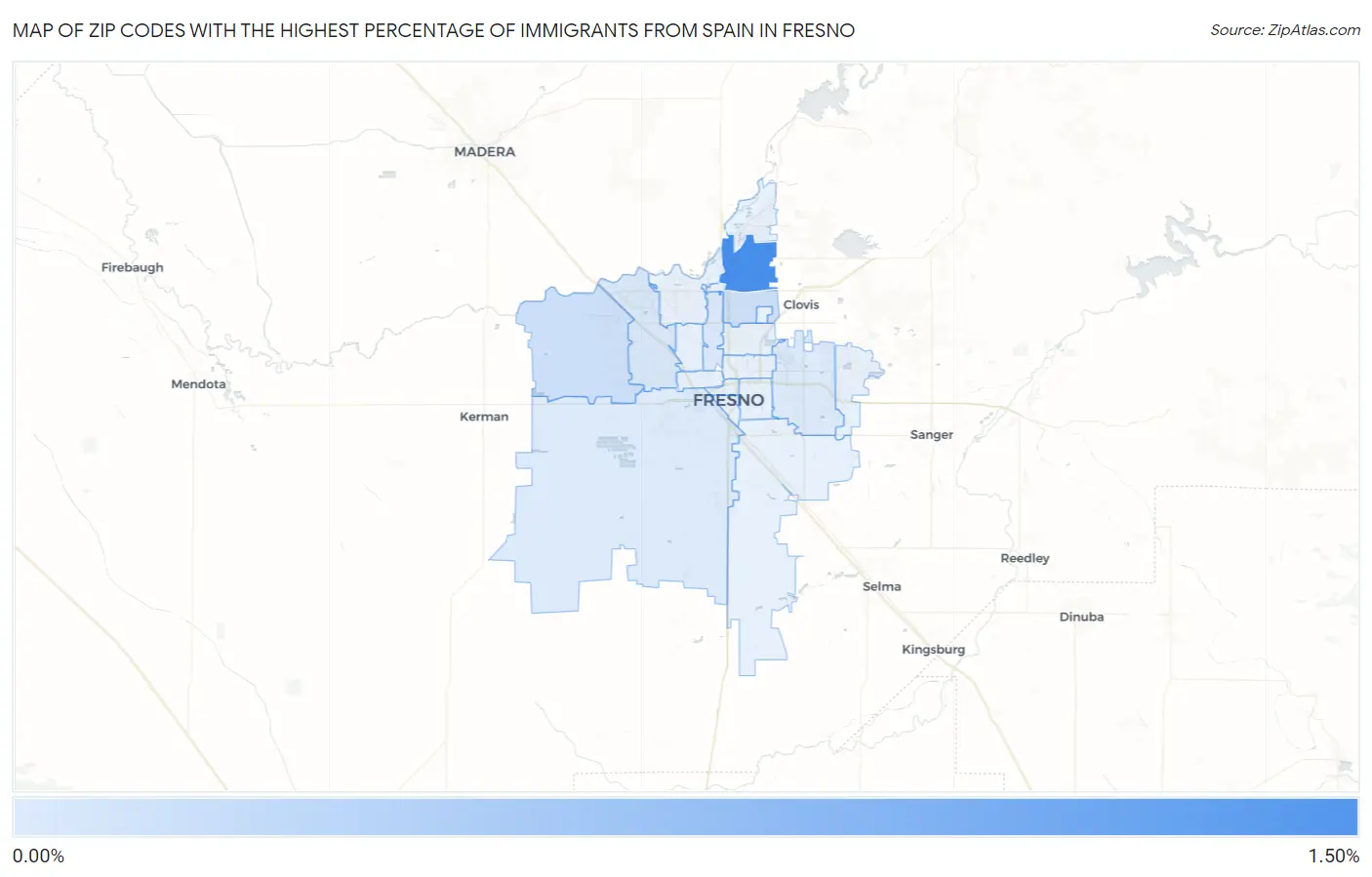 Zip Codes with the Highest Percentage of Immigrants from Spain in Fresno Map