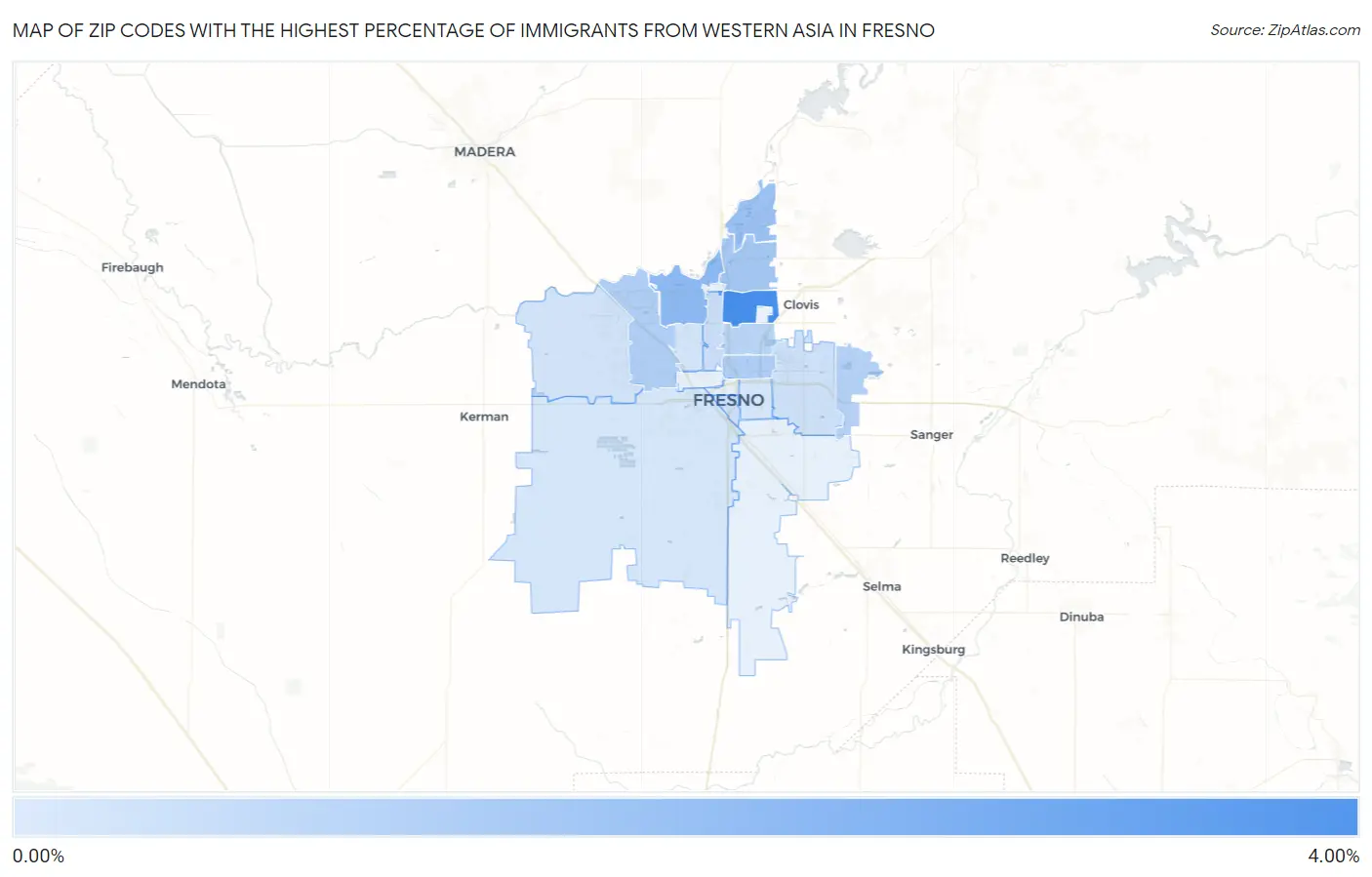 Zip Codes with the Highest Percentage of Immigrants from Western Asia in Fresno Map