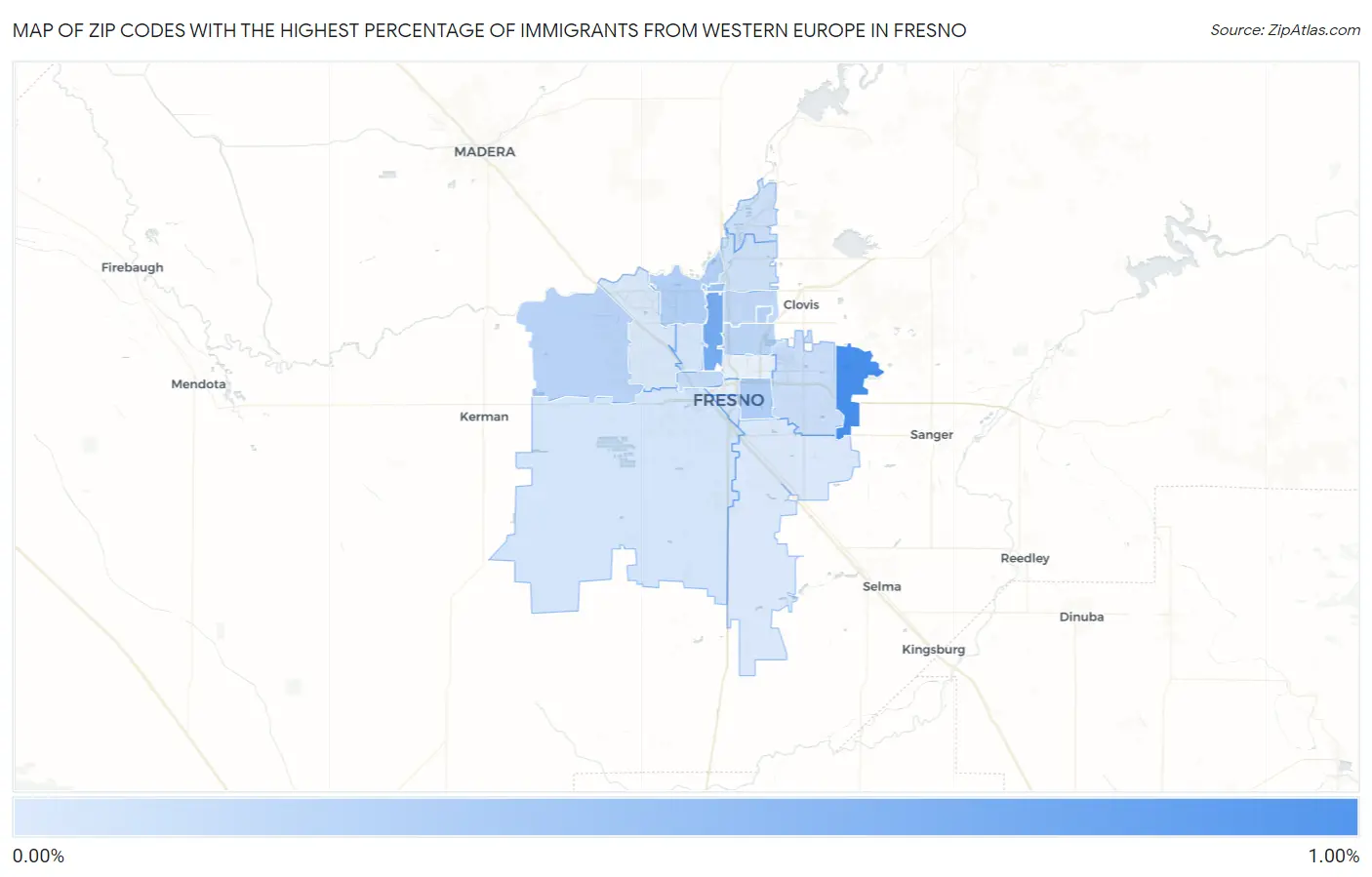 Zip Codes with the Highest Percentage of Immigrants from Western Europe in Fresno Map