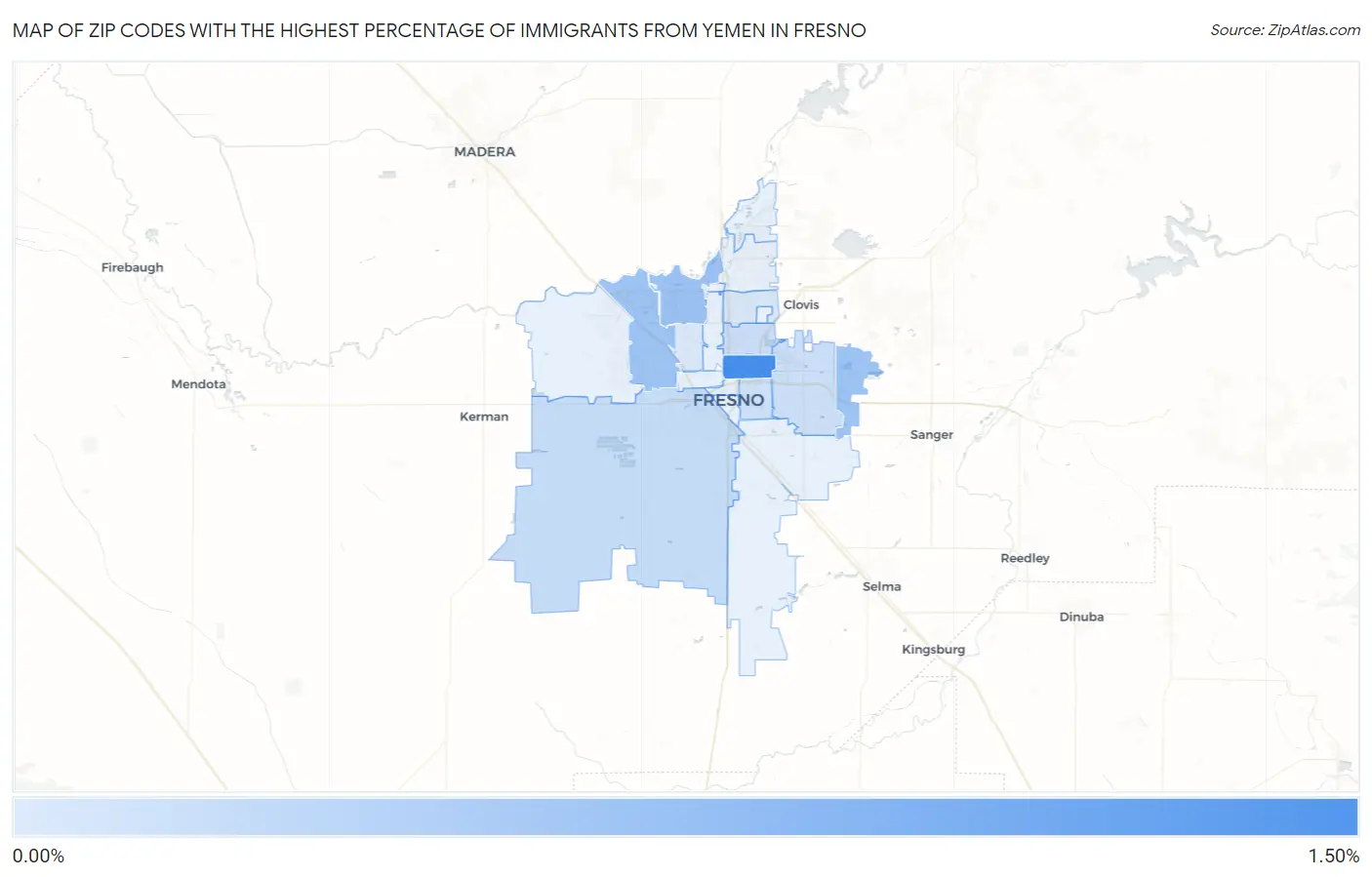 Zip Codes with the Highest Percentage of Immigrants from Yemen in Fresno Map
